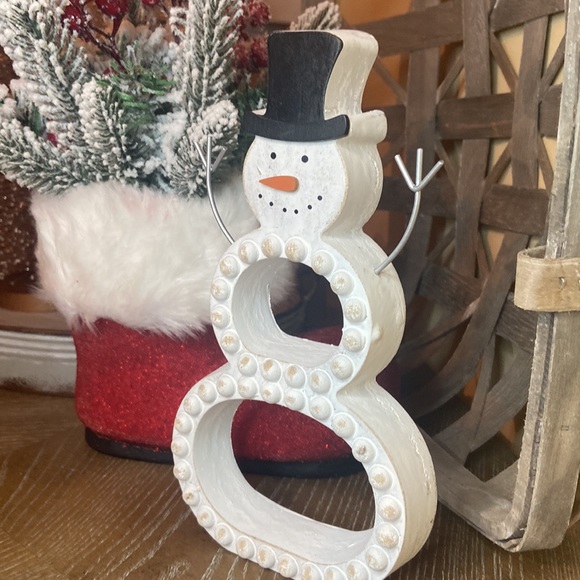 Modern Farmhouse Whitewashed Wood & Metal Winter Holiday Snowman - Picture 2 of 9